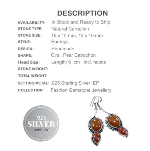 NATURAL CARNELIAN GEMSTONE .925 SILVER EARRINGS.