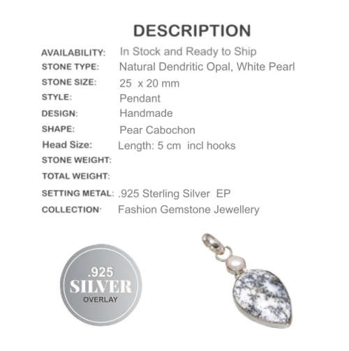 NATURAL DENDRITIC OPAL, PEARL .925 STERLING SILVER PENDANT