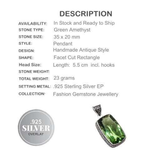 ANTIQUE STYLE -PERFECT FOR A LONG/SHORT CHAIN GREEN AMETHYST 925 SILVER PENDANT