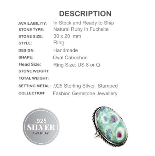 Natural Ruby in Fuchsite 925 Sterling Silver Ring Size US 8 or Q