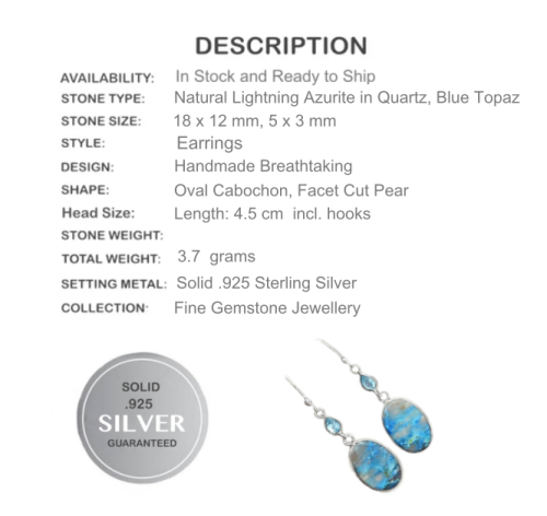 Breathtaking Natural Lightning Azurite in Quartz, Blue Topaz Solid .925 Sterling Silver Earrings