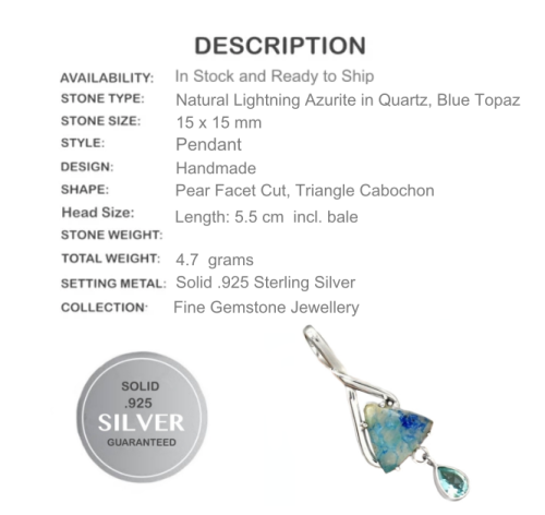 BREATHTAKING NATURAL LIGHTNING AZURITE WITH QUARTZ, BLUE TOPAZ SOLID .925 STERLING SILVER PENDANT