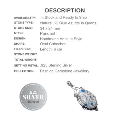 VICTORIAN NATURAL K2 BLUE AZURITE IN QUARTZ GEMSTONE .925 STERLING SILVER PENDANT