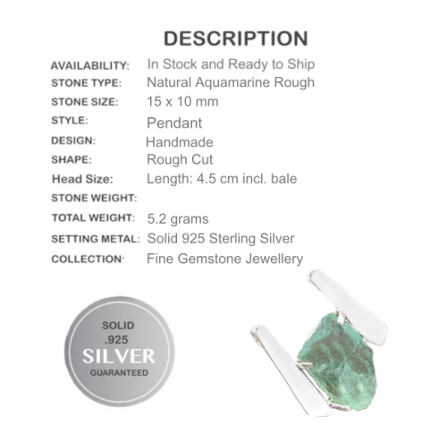 NATURAL AQUAMARINE ROUGH GEMSTONE SOLID .925 STERLING SILVER PENDANT