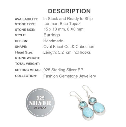 BEAUTIFUL LARIMAR, BLUE TOPAZ .925 SILVER EARRINGS