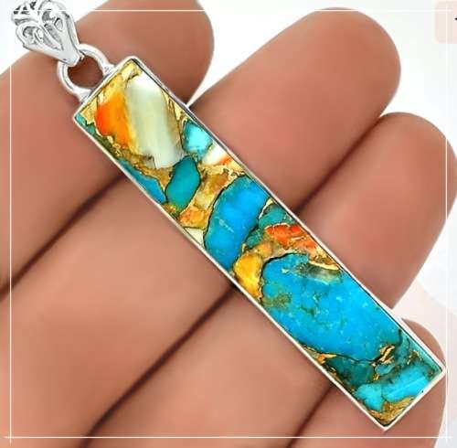 Natural Spiny Oyster Arizona Turquoise Gemstone set in Solid .925 Sterling Silver Pendant