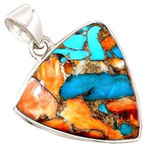 Natural Spiny Oyster Arizona Turquoise Triangle Gemstone set in Solid .925 Sterling Silver Pendant