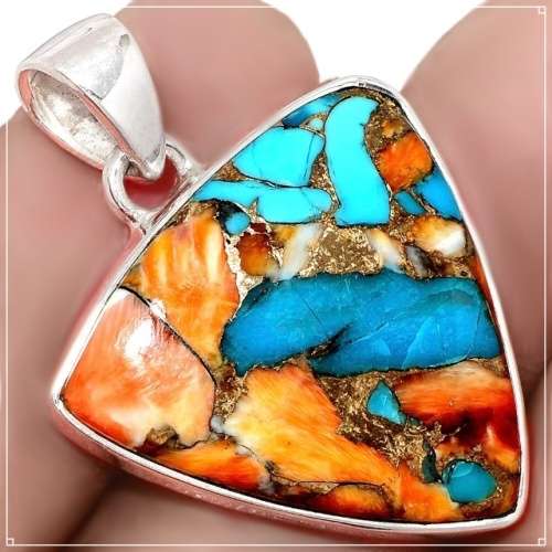 Natural Spiny Oyster Arizona Turquoise Triangle Gemstone set in Solid .925 Sterling Silver Pendant