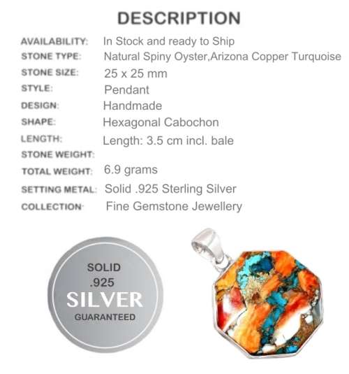 Natural Spiny Oyster Arizona Turquoise Solid .925 Sterling Silver Pendant