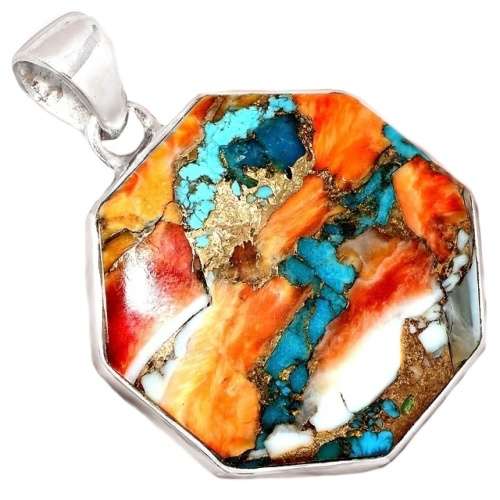 Natural Spiny Oyster Arizona Turquoise Solid .925 Sterling Silver Pendant
