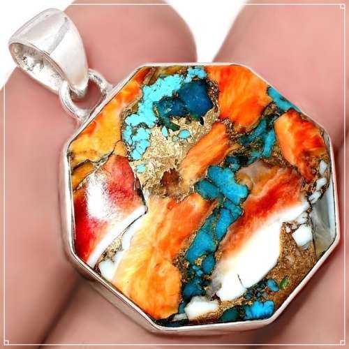 Natural Spiny Oyster Arizona Turquoise Solid .925 Sterling Silver Pendant