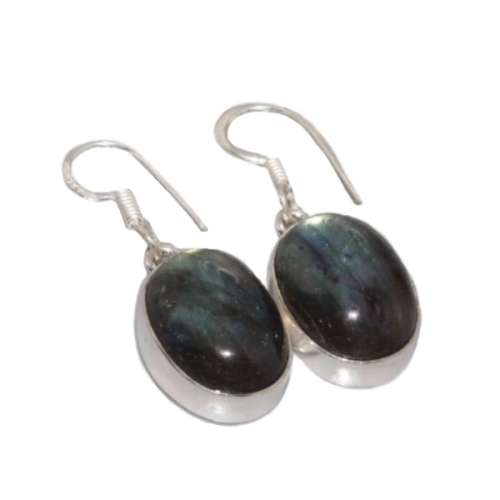 NATURAL OVAL FIERY LABRADORITE GEMSTONE . 925 SILVER EARRINGS