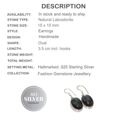 NATURAL OVAL FIERY LABRADORITE GEMSTONE . 925 SILVER EARRINGS