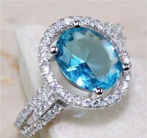 NATURAL AQUAMARINE, WHITE TOPAZ GEMSTONE  SOLID .925 SILVER RING SIZE US 8