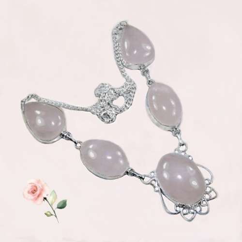 Natural Pink Rose Quartz Larger Gemstone set in .925 Sterling Silver Plated Necklace