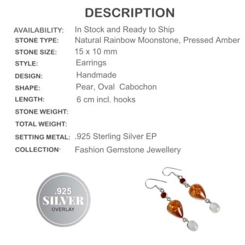 Gorgeous Pressed Amber, Quartz, Rainbow Moonstone Gemstone In .925 Silver Earrings