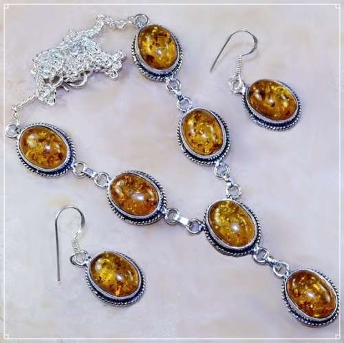 HANDMADE AMBER  .925 STERLING SILVER NECKLACE AND EARRINGS SET