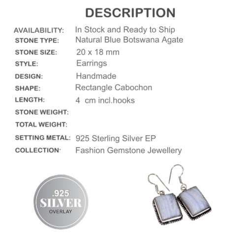 NATURAL BLUE LACE BOTSWANA AGATE GEMSTONE 925 SILVER EARRINGS