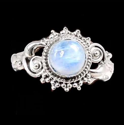 Natural Round Rainbow Moonstone set in Antique Style Solid .925 Sterling Silver Ring Size 9 /R1/2