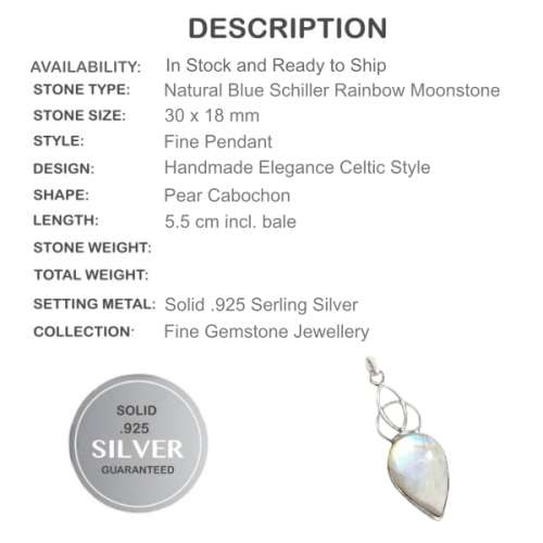 Breathtaking Top Grade Celtic Knot Design Natural Rainbow Moonstone Solid .925 Silver Pendant