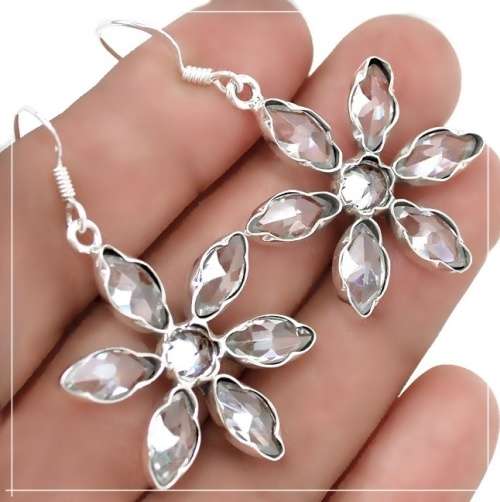 Natural White Topaz Floral Solid .925  Sterling Silver Earrings