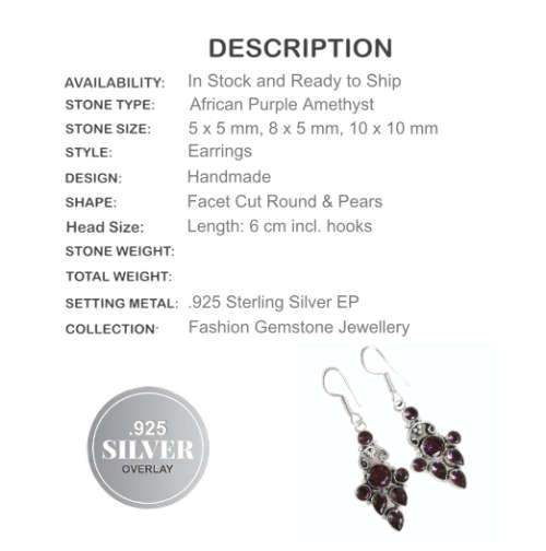 Natural Purple Amethyst Dangle .925 Silver Earrings