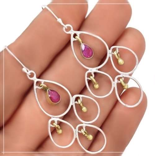 Rare Spectacular Two-Tone Indian Red Ruby, Gemstone Solid .925 Sterling Silver Earrings