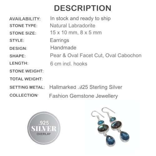 Fantastic Natural Blue Fire Labradorite, Blue Topaz . 925 Silver Earrings