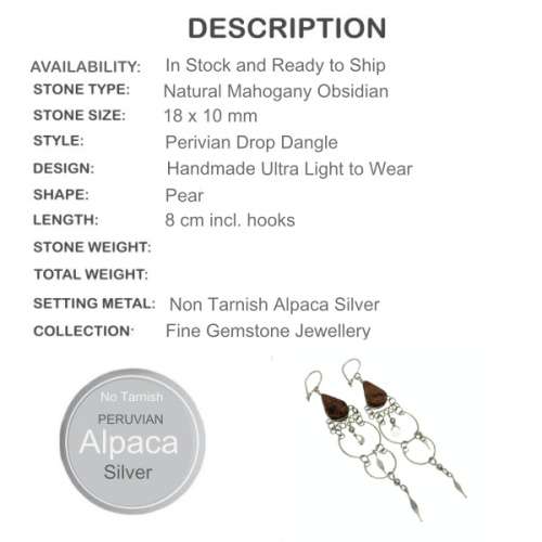 Natural Mahogany Obsidian Gemstone Peruvian Alpaca Silver Earrings