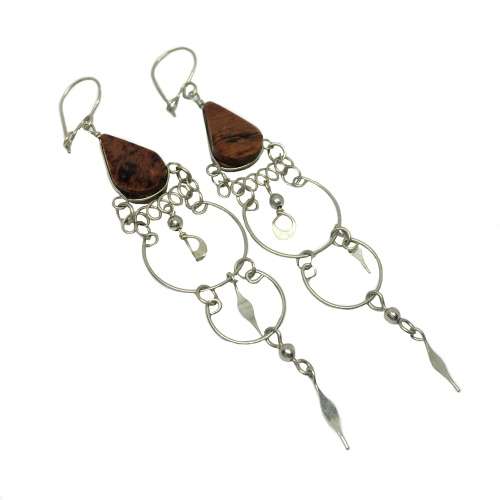 Natural Mahogany Obsidian Gemstone Peruvian Alpaca Silver Earrings