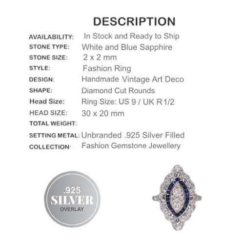 Vintage Art Deco White, Blue Sapphire Fashion  .925 Silver Filled Ring Size US 9 / UK R1/2