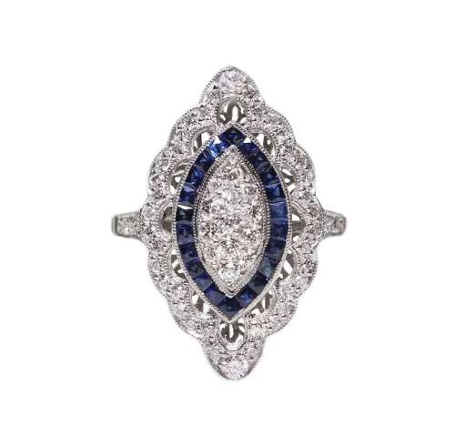 Vintage Art Deco White, Blue Sapphire Fashion  .925 Silver Filled Ring Size US 9 / UK R1/2