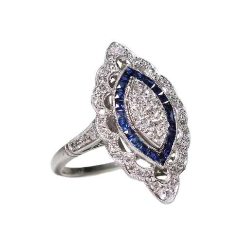 Vintage Art Deco White, Blue Sapphire Fashion  .925 Silver Filled Ring Size US 9 / UK R1/2