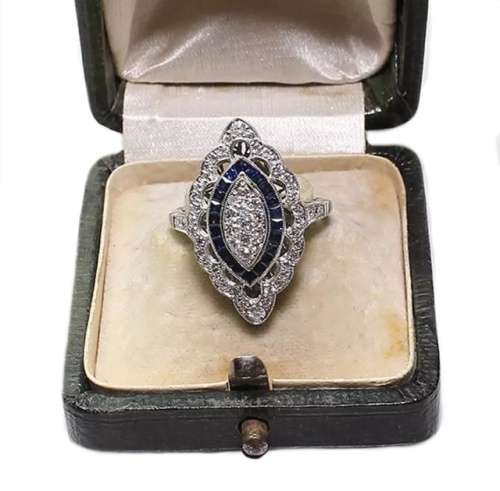 Vintage Art Deco White, Blue Sapphire Fashion  .925 Silver Filled Ring Size US 9 / UK R1/2