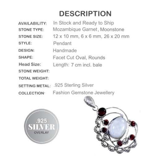 Natural  Rainbow Moonstone Mozambique Garnet .925 Sterling Silver Pendant