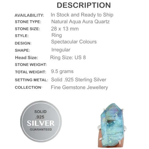 LOVELY AQUA AURA QUARTZ GEMSTONE SOLID .925 STERLING SILVER  RING SIZE 8