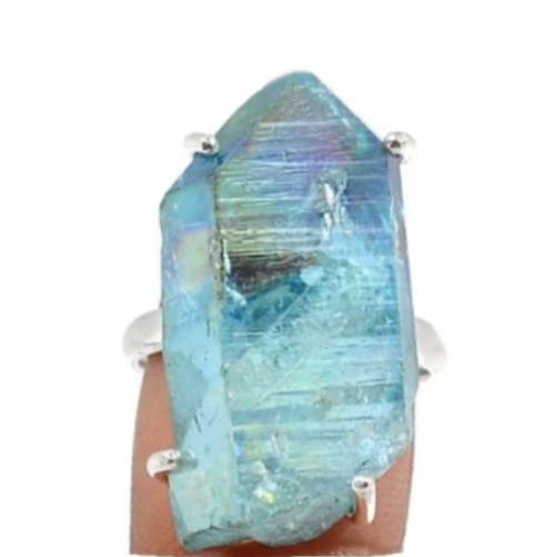 LOVELY AQUA AURA QUARTZ GEMSTONE SOLID .925 STERLING SILVER  RING SIZE 8