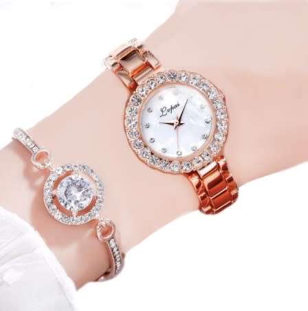 Womens Luxury Brand Quartz Watch and Bracelet Set with Sparkly Crystal Accents