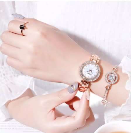Womens Luxury Brand Quartz Watch and Bracelet Set with Sparkly Crystal Accents