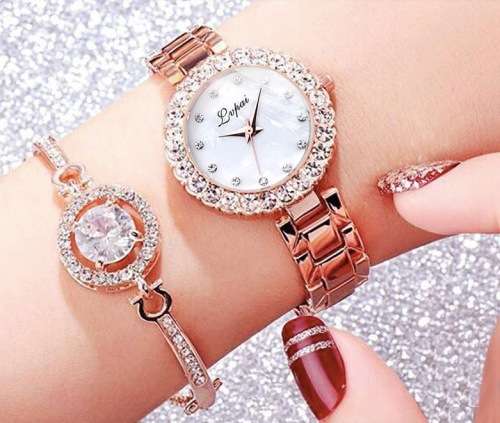 Womens Luxury Brand Quartz Watch and Bracelet Set with Sparkly Crystal Accents
