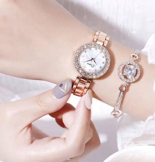 Womens Luxury Brand Quartz Watch and Bracelet Set with Sparkly Crystal Accents