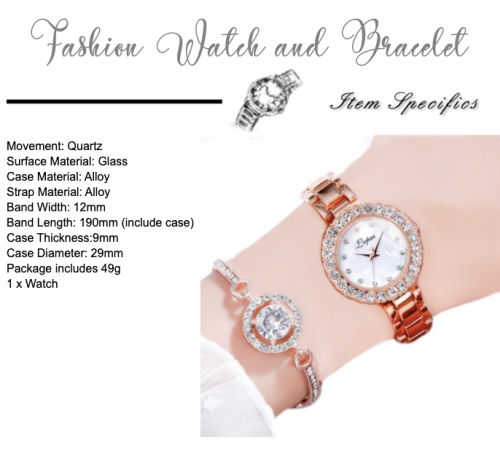 Womens Luxury Brand Quartz Watch and Bracelet Set with Sparkly Crystal Accents