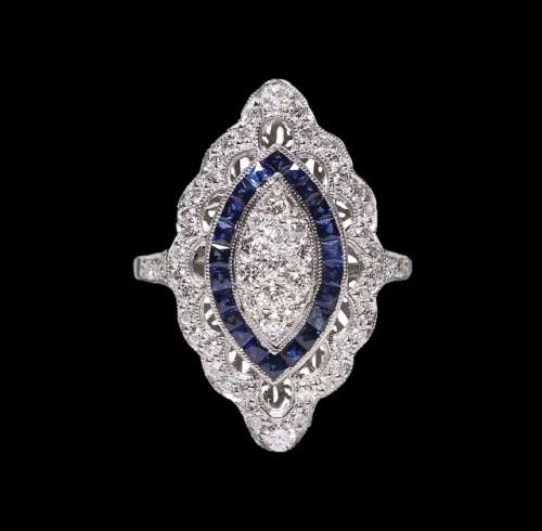 Vintage Art Deco White, Blue Sapphire Fashion  .925 Silver Filled Ring Size US 9 / UK R1/2