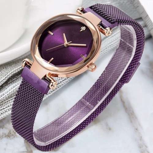 Women's Relogio Feminino Magnetic Watch Strap Wristwatches in Rose Gold and Deep Purple