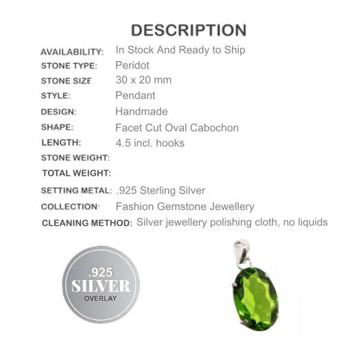 Faceted Peridot Oval Gemstone .925 Silver Pendant