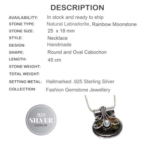 NATURAL LABRADORITE, RAINBOW MOONSTONE GEMSTONE 925 SILVER NECKLACE