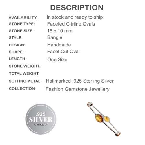 HANDMADE FACETED GOLDEN CITRINE GEMSTONE .925  SILVER BANGLE
