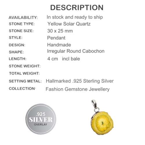 Yellow Solar Quartz Pendant Solid .925 Sterling  Silver