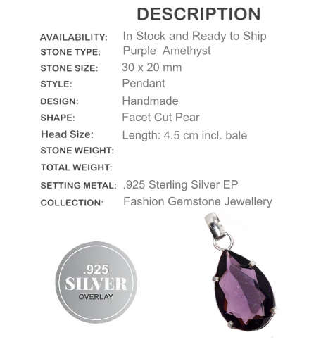 Breathtaking Pear Shape Faceted Purple Amethyst Gemstone .925 Silver Pendant