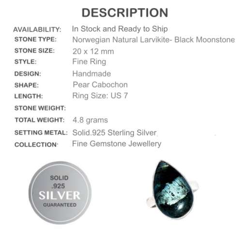 NORWEGIAN NATURAL LARVIKITE -BLACK MOONSTONE GEMSTONE SOLID .925 SILVER RING Size US 7